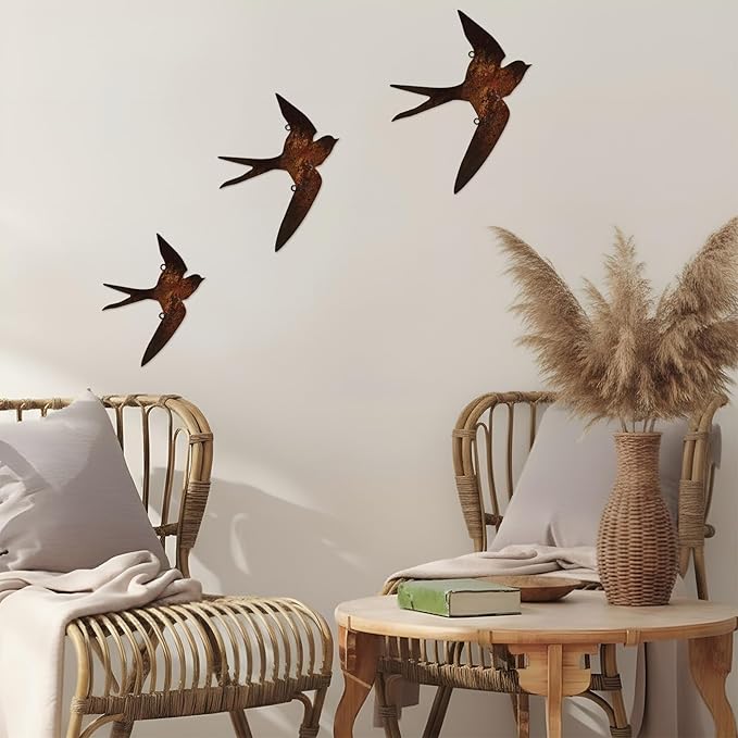 Kathfly 3 Pcs Rusty Metal Birds Outdoor Garden Art Farmhouse Rustic Bird Wall Ornaments Decor Vintage Metal Statue Wall Art for Fence Yard Decoration Outdoor and Garden 8.27", 7.09", 5.91"