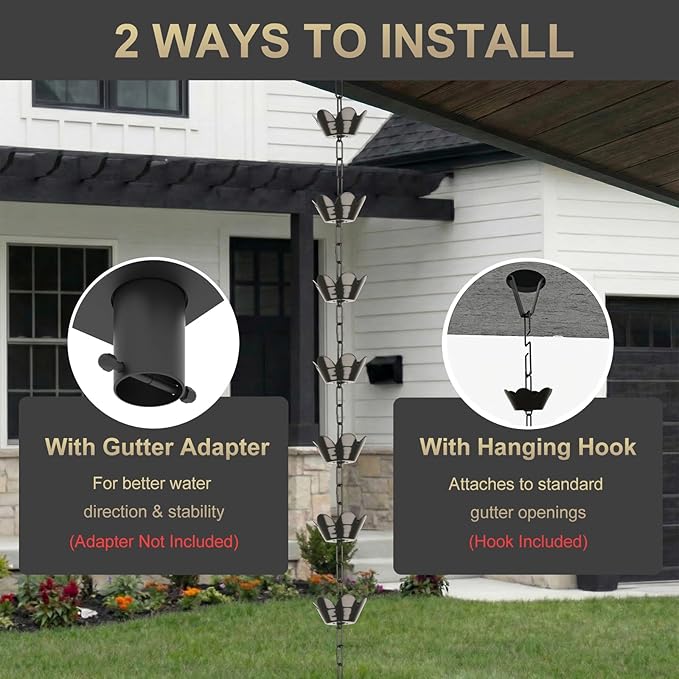 10FT Rain Chain for Gutters, Black Aluminum Daffodil Flower Design, Extra Large Cups to Reduce Splashing, Decorative Downspout Replacement for Outdoor Garden Decor