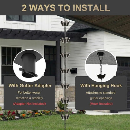 10FT Rain Chain for Gutters, Black Aluminum Daffodil Flower Design, Extra Large Cups to Reduce Splashing, Decorative Downspout Replacement for Outdoor Garden Decor