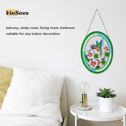 Hummingbird Stained Glass Window Hangings,Suncatcher for Window, Hummingbird and Flowers Hanging Ornament, Stained Glass Panel Home Decorations for Indoor Outdoor