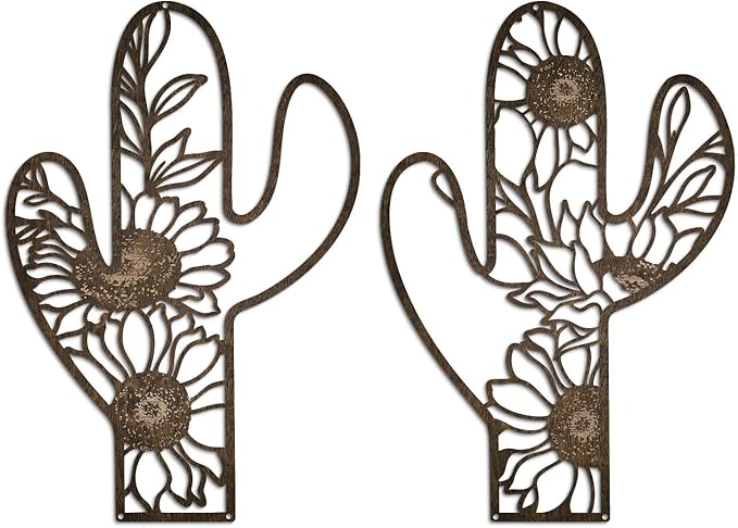 Putuo Decor Metal Cactus Outdoor Decor, Rustic Sunflower Metal Wall Art, Floral Nature-Inspired Metal Wall Art for Living Room, Bedroom, Bathroom, Boho Style, Lawn Decoration, 12.2 x 4.6 inches