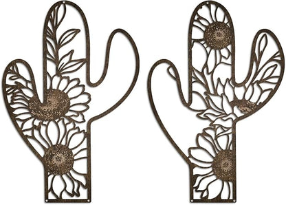 Putuo Decor Metal Cactus Outdoor Decor, Rustic Sunflower Metal Wall Art, Floral Nature-Inspired Metal Wall Art for Living Room, Bedroom, Bathroom, Boho Style, Lawn Decoration, 12.2 x 4.6 inches