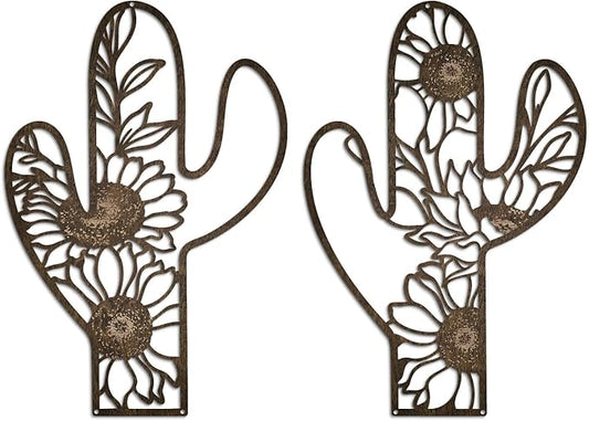 Putuo Decor Metal Cactus Outdoor Decor, Rustic Sunflower Metal Wall Art, Floral Nature-Inspired Metal Wall Art for Living Room, Bedroom, Bathroom, Boho Style, Lawn Decoration, 12.2 x 4.6 inches