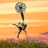 Flower Fairy Dancing with Dandelion Garden Sculpture,Angel Metal Ornaments Stainless Steel Statue Decorations,Wonderland Outdoor Yard Lawn Patio Stakes Sculptures Decor (D)