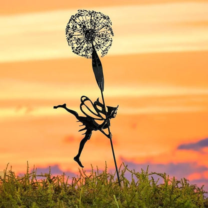 Flower Fairy Dancing with Dandelion Garden Sculpture,Angel Metal Ornaments Stainless Steel Statue Decorations,Wonderland Outdoor Yard Lawn Patio Stakes Sculptures Decor (D)