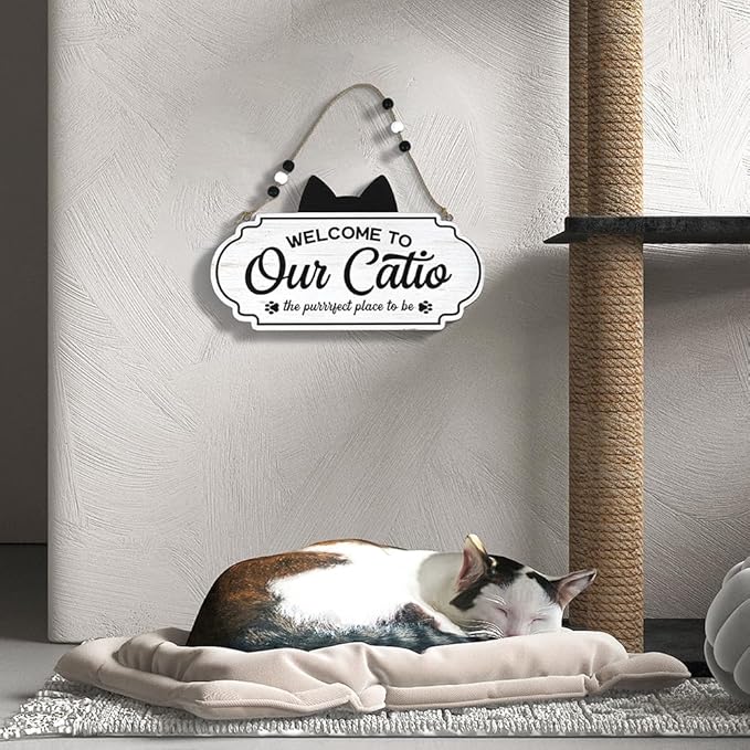 All Chic Catio Accessories Cat Sign Welcome to Our Catio Sign Front Door Sign for Cat Decor Wooden Sign for Black Cat Decor,Gifts for Cat Lovers