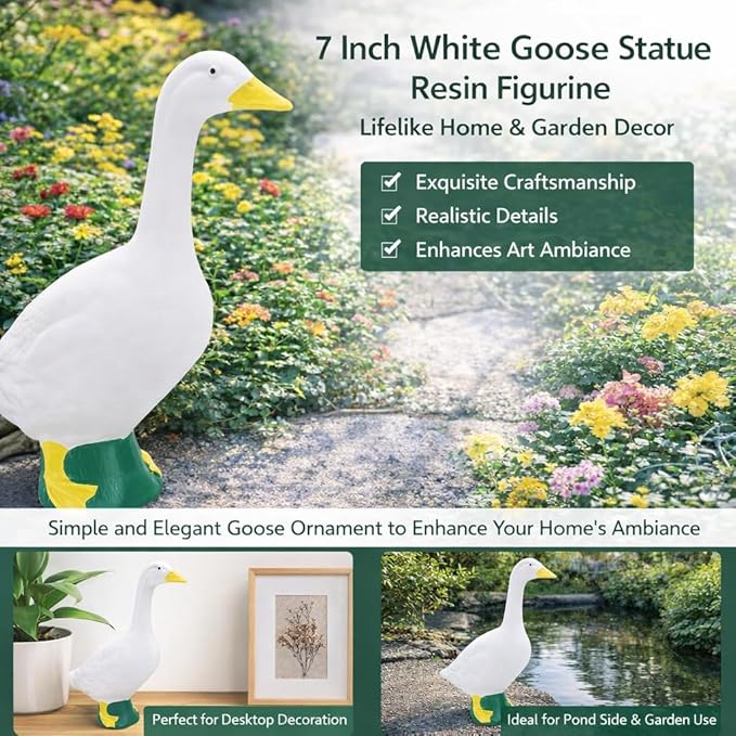 7 Inch White Goose Statue Resin Figurine Lifelike Desktop Animal Ornament for Home Garden Outdoor Decor, Perfect for Porch Lawn Patio Backyard Farm Theme Decoration, Collectible Craft Sculpture