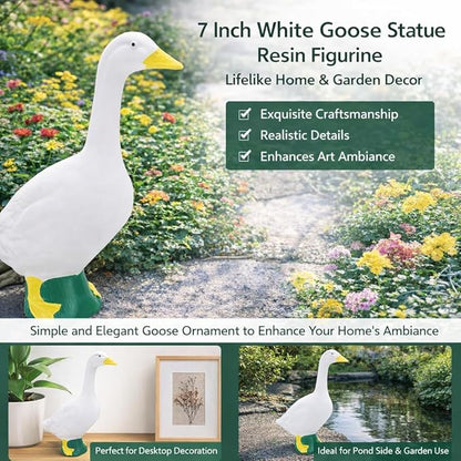 7 Inch White Goose Statue Resin Figurine Lifelike Desktop Animal Ornament for Home Garden Outdoor Decor, Perfect for Porch Lawn Patio Backyard Farm Theme Decoration, Collectible Craft Sculpture