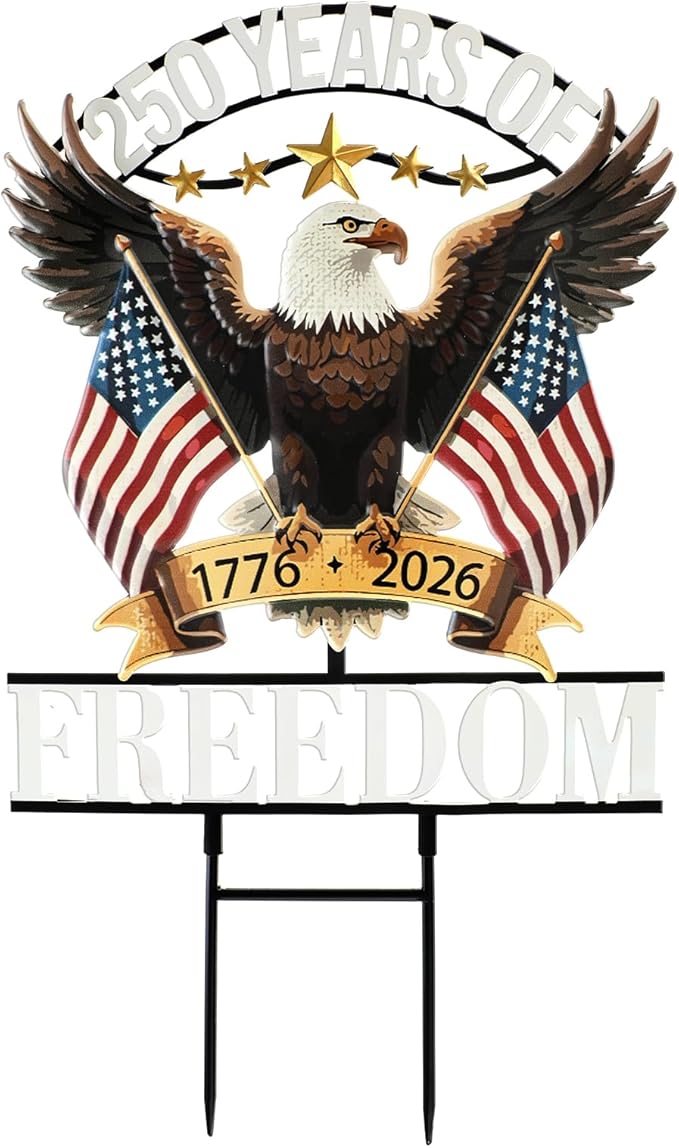 Fumete 250 Anniversary America Garden Stake 4th of July Decorations Outdoor Patriotic Independence Memorial Day Eagle Metal Stake 250th Anniversary USA 1776-2026 Yard Sign for Outside Lawn 18.9”x11.4”
