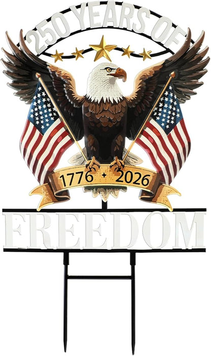 Fumete 250 Anniversary America Garden Stake 4th of July Decorations Outdoor Patriotic Independence Memorial Day Eagle Metal Stake 250th Anniversary USA 1776-2026 Yard Sign for Outside Lawn 18.9”x11.4”