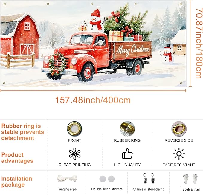IVN Merry Christmas Garage Door Banner 13x6ft Festive Backdrop Decoration Red Truck Snowman Christmas Photo Prop Background for Joyful Holiday Yard Door Cover Background Outdoor Winter Scene