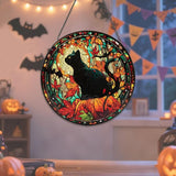 Stained Glass Window Hanging, Halloween Decorations Black Cat Maple Leaf Suncatcher for Doors Garden Indoor Funny Spooky Sun Catchers Gothic Decor for Women, Men, and Mom 7.8 in