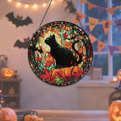 Stained Glass Window Hanging, Halloween Decorations Black Cat Maple Leaf Suncatcher for Doors Garden Indoor Funny Spooky Sun Catchers Gothic Decor for Women, Men, and Mom 7.8 in