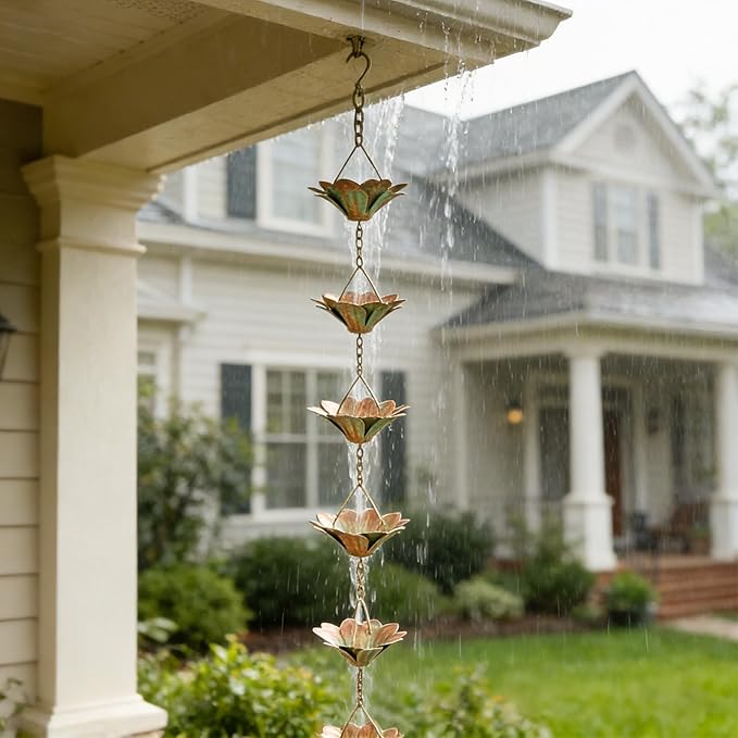 taman Rain Chain Set, 5.6ft Flower Rain Chain for Gutters,Functional and Decorative Replacement Downspout Rain Chain for Outside,Metal Divert Rain Catcher