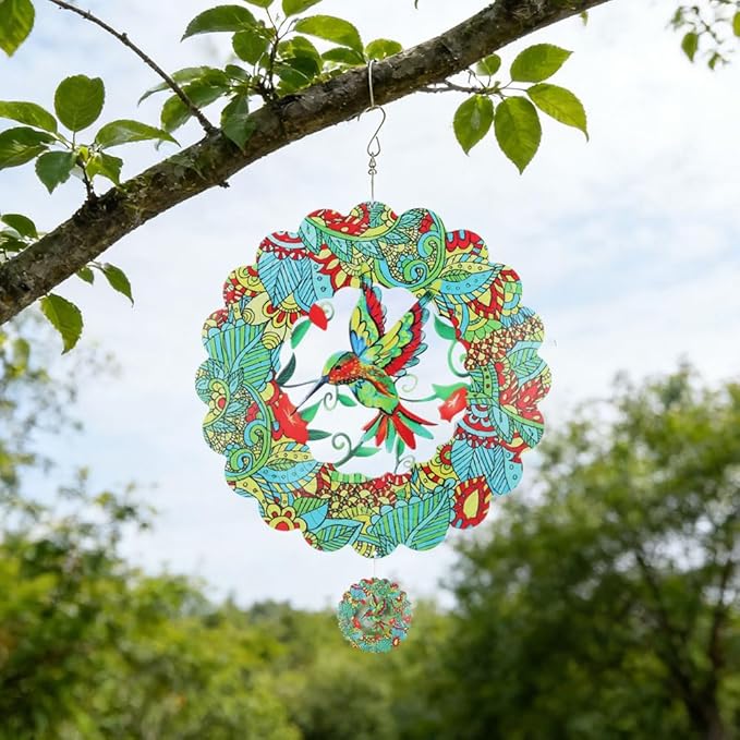 3D Hummingbird Wind Spinner Outdoor Garden Decor, 12 Inch, Stainless Steel Metal Hanging Sculpture for Patio Yard