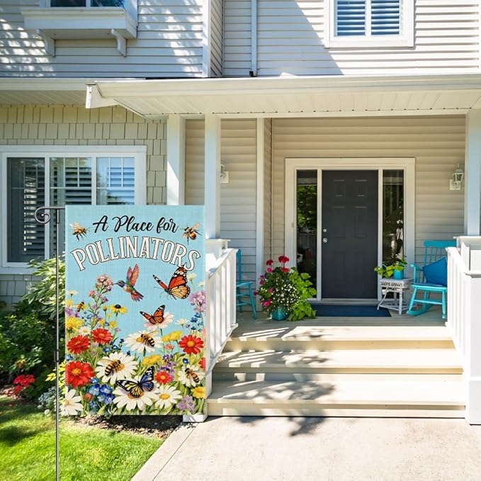 Perfectinsoy A Place for Pollinators Garden Flag, Pollinator Friendly Garden Sign, Hummingbird Wildflower Butterfly Bee Sign, Gardeners Bee Keepers Gifts, Welcome Yard Farmhouse Spring Outdoors Decor