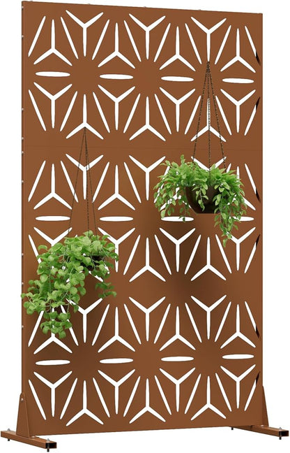 Metal Privacy Screen for Outdoor Freestanding Privacy Screens, 72" H x 44" W Patio Fence Panels with Stand, Portable Brown 3 Panel Screens for Outside Deck Balcony Garden and Indoor