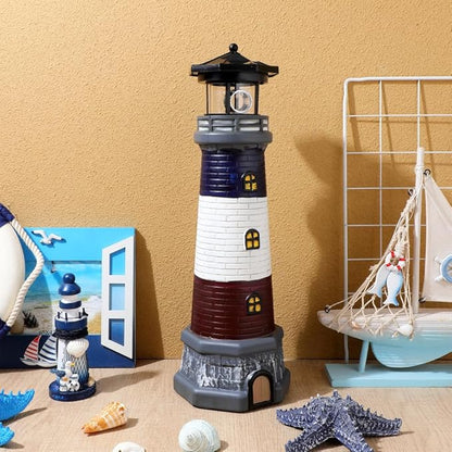 Solar Lighthouse Outdoor Statues, 360° Rotating Beacon Garden Lighthouse, 15" Light House for Outside Garden Yard Decor, Waterproof Resin Nautical Figurines for Patio Lawn Landscape Lighting (Black)