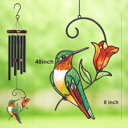 Personalized Metal Wind Chime Garden Sign, 40 Inch Outdoor Colorful Bird & Flower Memorial Decor, Yard Hanging Plaque for Patio Porch Lawn (JSTY366)
