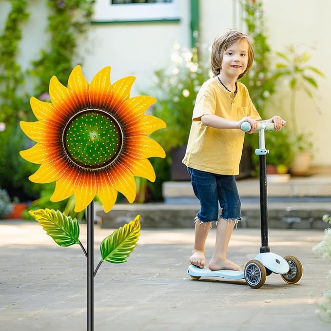 Sunflower Wind Spinners Outdoor, 46.7" H x 12.6" W Metal Wind Sculptures & Spinners with 5 Prong Stake, Garden Windmill for Yard Lawn Patio Art Decor Yellow