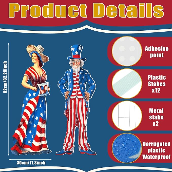 Beeveer 2 Pcs 4th of July Yard Sign with Stake Outdoor Patriotic Star Lawn Decoration American Man Woman Waterproof Welcome Party Yard Sign for Memorial Day Home Garden Pathway Supplies(Woman Man)