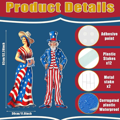 Beeveer 2 Pcs 4th of July Yard Sign with Stake Outdoor Patriotic Star Lawn Decoration American Man Woman Waterproof Welcome Party Yard Sign for Memorial Day Home Garden Pathway Supplies(Woman Man)