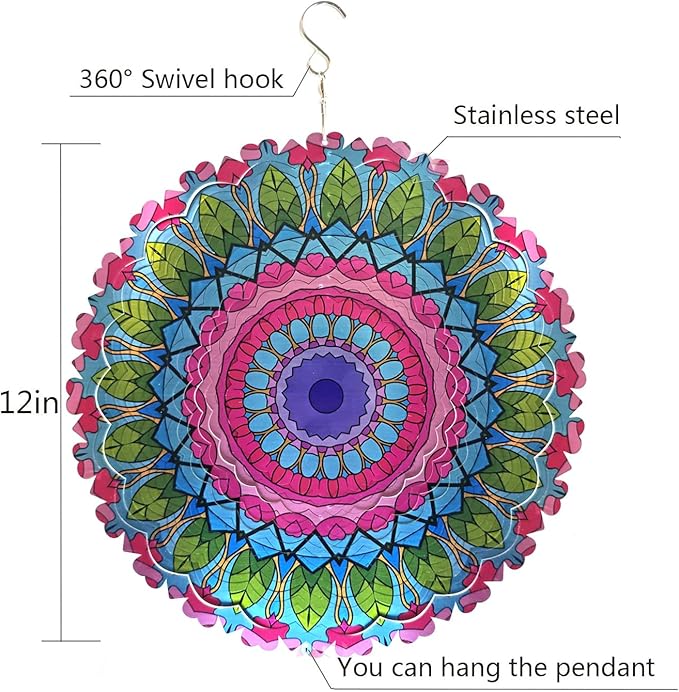Mandala Metal Wind Spinner Outdoors - Large 12 Inch 3D & Indoor Hanging Decor, Garden & Yard Ornament | Unique Kinetic Sculpture Gift for Women, Boho Porch & Lawn Decor - Christmas Thanksgiving Gift