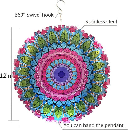 Mandala Metal Wind Spinner Outdoors - Large 12 Inch 3D & Indoor Hanging Decor, Garden & Yard Ornament | Unique Kinetic Sculpture Gift for Women, Boho Porch & Lawn Decor - Christmas Thanksgiving Gift
