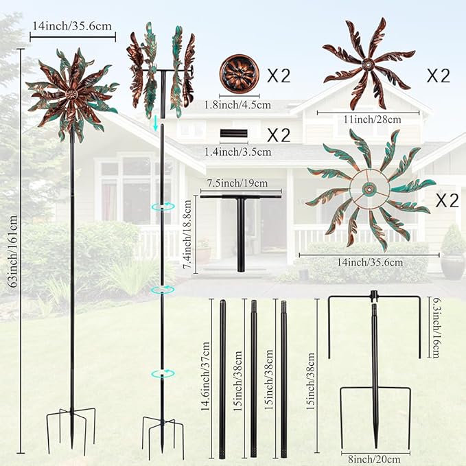DREAMSOUL 360° Wind Spinners Outdoor, Metal Double Wind Spinner with Stable Stake Windmill for Yard Garden Decor (63 * 14 Inches)