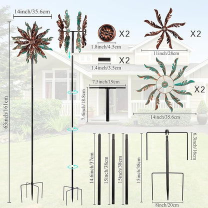 DREAMSOUL 360° Wind Spinners Outdoor, Metal Double Wind Spinner with Stable Stake Windmill for Yard Garden Decor (63 * 14 Inches)