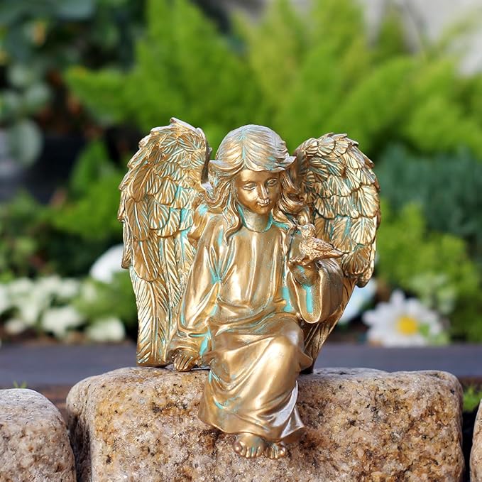 Angel Garden Statue, Sitting Angel Sculpture, Resin Angel with Bird Figurine for Patio Yard Porch Lawn Outdoor Decor Home Shelf Sitter Memorial Spiritual Gifts (Bronze)