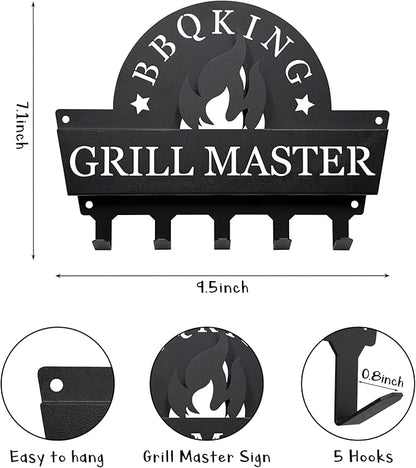 Wall Mount BBQ Tool Holder - Grill Master BBQ Utensil Holder for Outdoor Grill Barbeque Wall Organizer with 5 Hooks, Metal BBQ Accessorie Hanger for Backyard Patio & Porch, Men Cave Father’s Day Gift