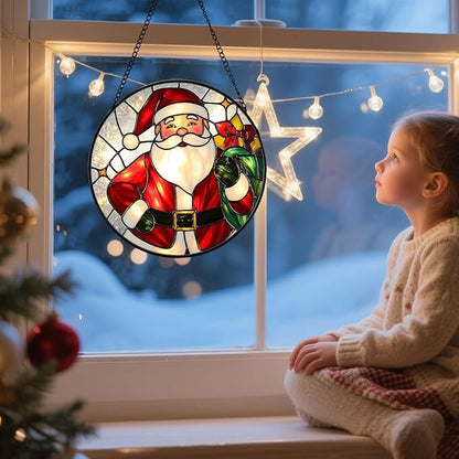 Santa Claus Stained Glass Suncather for Window Hanging, 6.3'' Christmas Ornament Gift for Women, Festive Wall Art Home Decoration Xmas Gift for Mom, Grandma (Red Santa, 6.3'')