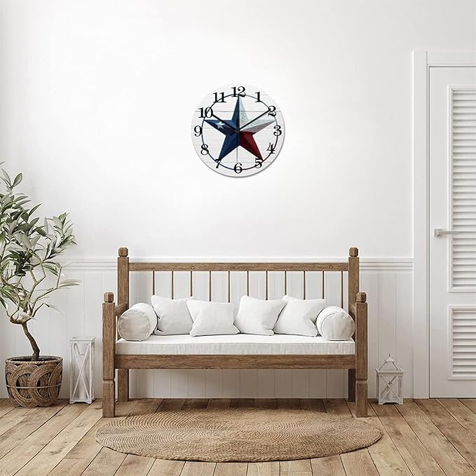 Country Wall Clock Western Texas Star Vintage Wood Clock Non-Ticking Silent Battery Operated Easy to Read Stylish Time Clock for Bedroom Kitchen Living Room Decor 12 Inch