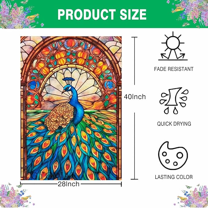 Stained Glass Peacock Spring House Flag 28x40 Inch Double Sided Large Burlap Yard Flag for Spring Summer Outdoor Outside Seasonal Decor