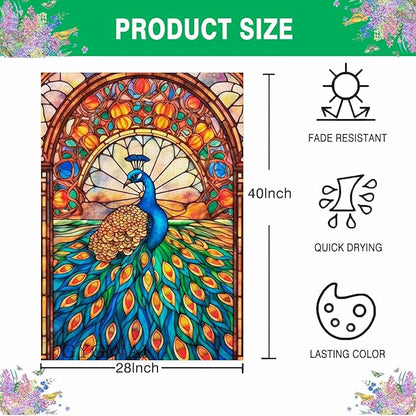 Stained Glass Peacock Spring House Flag 28x40 Inch Double Sided Large Burlap Yard Flag for Spring Summer Outdoor Outside Seasonal Decor