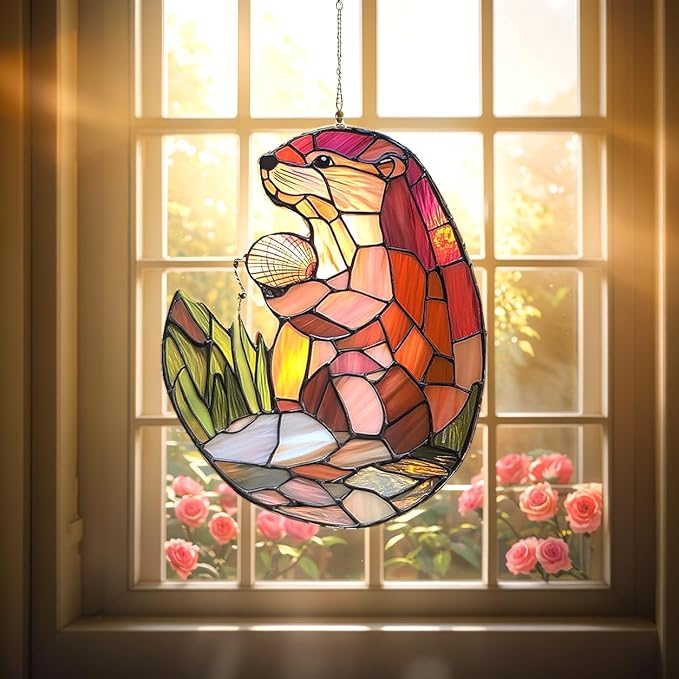 Couple Otters Acrylic Suncatcher, Boho Suncatchers for Window Hanging Ornament, Stained Glass Effect Art Garden Decor for Otter Lover, Gifts for Mother's Day, Mom, Grandma, Wife, Women, Nana