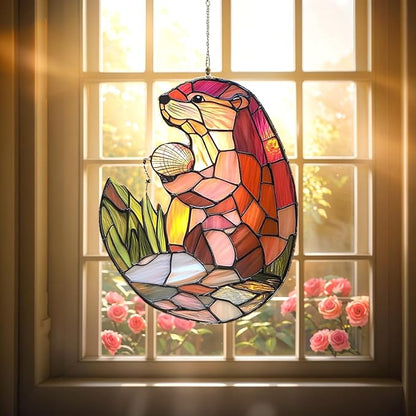 Couple Otters Acrylic Suncatcher, Boho Suncatchers for Window Hanging Ornament, Stained Glass Effect Art Garden Decor for Otter Lover, Gifts for Mother's Day, Mom, Grandma, Wife, Women, Nana