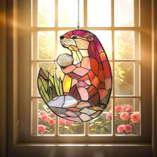 Couple Otters Acrylic Suncatcher, Boho Suncatchers for Window Hanging Ornament, Stained Glass Effect Art Garden Decor for Otter Lover, Gifts for Mother's Day, Mom, Grandma, Wife, Women, Nana