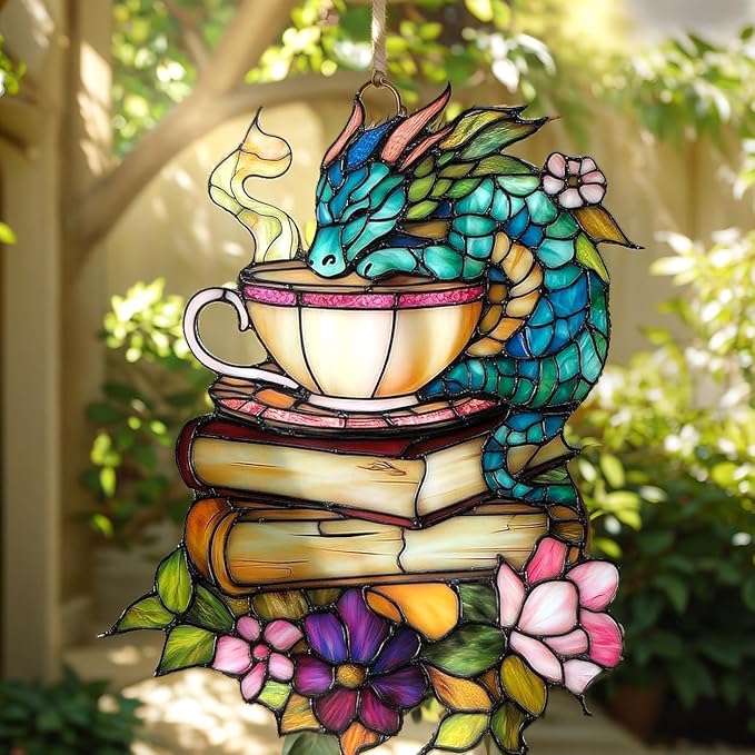 Book Dragon Floral Teacup Acrylic Suncatcher, Bookish Suncatchers for Window Hanging Ornament, Art Garden Decor for Book Lover Reader Bookworm, Gifts for Mother's Day, Mom, Grandma, Wife, Women, Nana