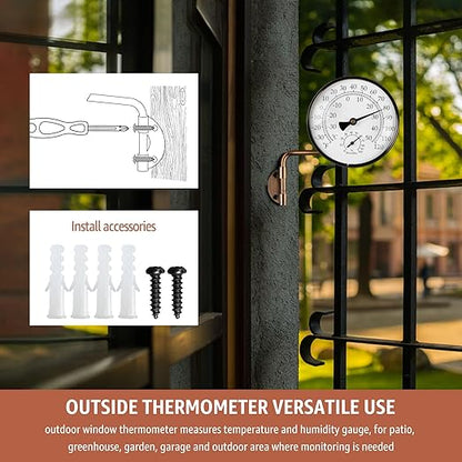 4-Inch Brass Analog Outdoor Thermometer & Humidity Gauge - Easy Install Battery-Free Wall Mount, Window Readable for Patio Garden Garage