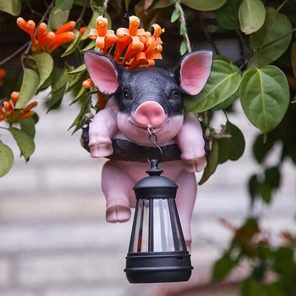 Hanging Pig Garden Lantern, Solar Pig Sculpture Outdoor Resin Garden Decoration, Weather-Resistant Animal Statue for Porch, Patio, and Walkway