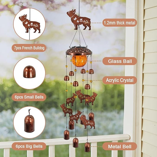 French Bulldog Solar Wind Chimes for Outside,Metal Dog WindChimes with Cracked Glass Lights,Hanging Solar Lights Outdoor,Yard,Patio,Garden,Porch Decor