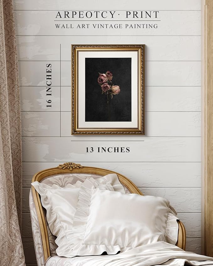 ARPEOTCY Vintage Gold Framed Wall Art, Retro Dark Dried Rose Paintings, Floral Canvas Prints Artwork with Antique Frame, Victorian Wall Picture Decor for Room Gallery Living Room 13x16 inch