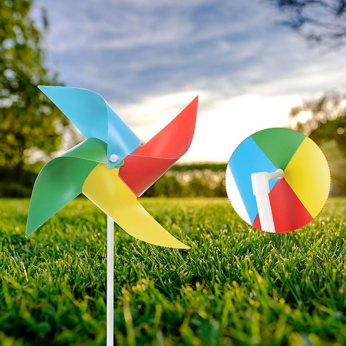 HARFINGTON 50pcs Windmills for The Yard Garden 15" x 7.5" 4 Leaves Pinwheels Wind Mills Spinners Windproof Waterproof Bird Devices with Stakes for Patio Decor, Iridescent