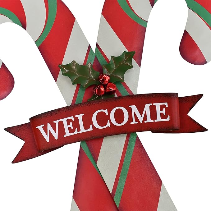 Christmas Candy Cane Garden Stake Decor, Metal Candy Cane Hanging Welcome Sign Outdoor Yard Sign Lawn Stake 27.5"H, Merry Christmas Yard Decor Xmas Holiday Decoration