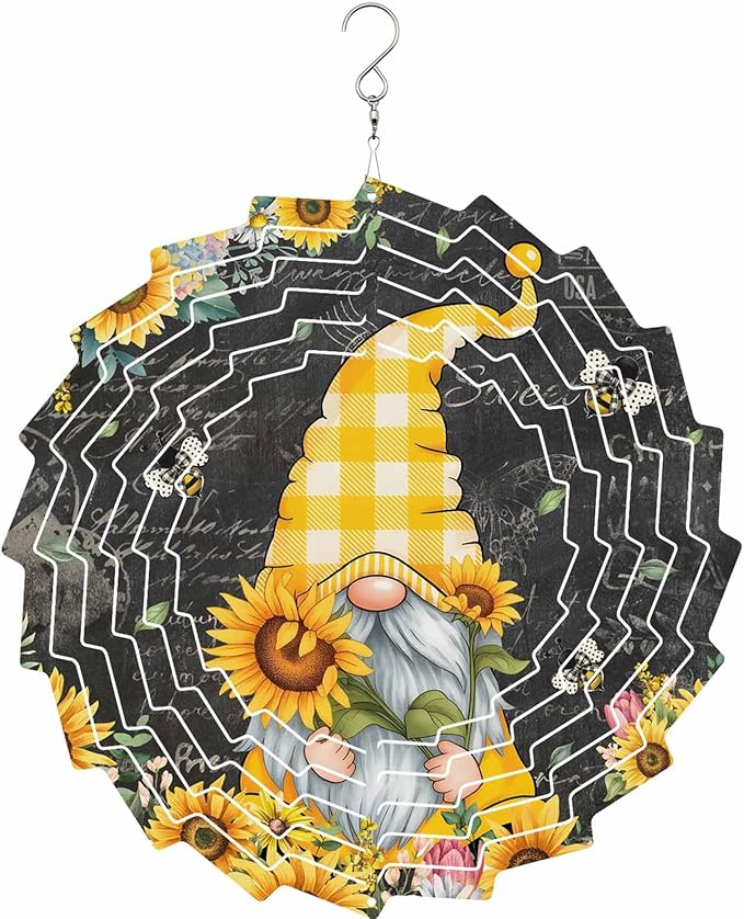 Gnomes Black Wind Spinners Outdoor Inoor,Decorative Hanging Sunflower Ornaments for Yard Patio Garden,Yellow Sunflower Floral Bee Summer Spring Stainless Steel Metal Wind Sculpture Suspension Trim,10"