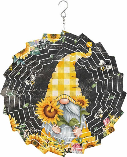 Gnomes Black Wind Spinners Outdoor Inoor,Decorative Hanging Sunflower Ornaments for Yard Patio Garden,Yellow Sunflower Floral Bee Summer Spring Stainless Steel Metal Wind Sculpture Suspension Trim,8"