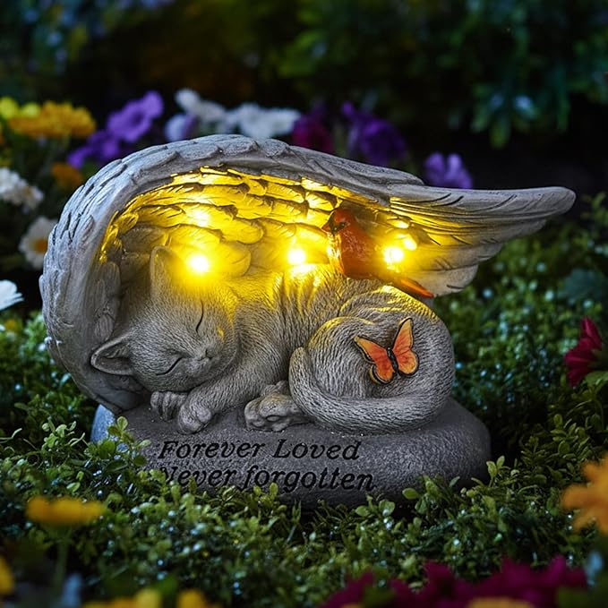 Cat Memorial Stones with Solar Angel Wing Cardinal Butterfly 8 Inch, Sleeping Cat Grave Markers Outdoor Waterproof Pet Loss Sympathy Gift for Garden or Tombstone Statue