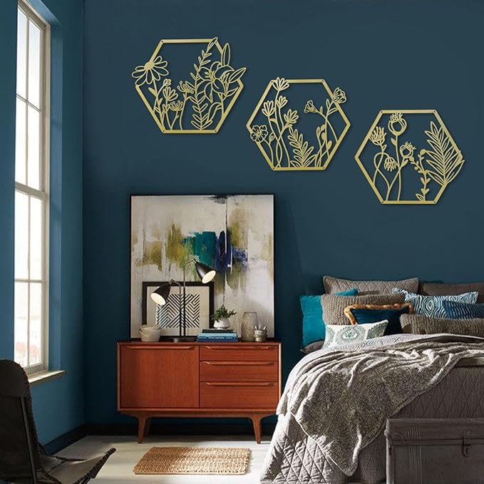 OYEFLY 3 Pcs Metal Flower Wall Decor,Farmhouse Flower Art (Gold)
